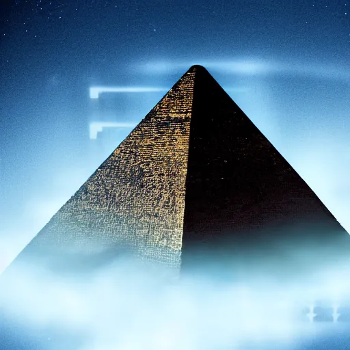 Prompt: big pyramid with blue glow lights and huge spaceship in sky, fog in background, cinematic looking, drama, scary