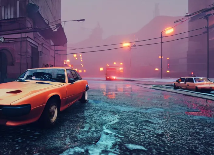 Prompt: gta in moscow, playstation 5 screenshot, mega details, dark night, orange lights, heavy rain, fog, beautiful rtx reflections, brutalism buildings, photorealistic, unreal engine 5, octane render, volumetric light, cg society, 4 k, bokeh, lada car, artstation gediminas pranckevicius