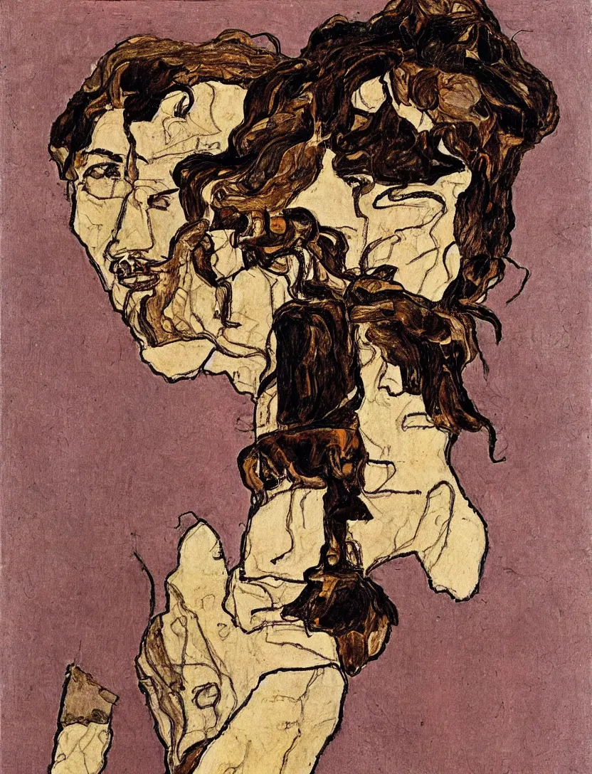 Image similar to A young man with tall hair in the style of Egon Schiele.