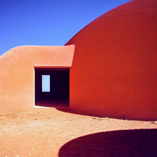 Image similar to a Non-Euclidean orb-like clay house sitting in the desert, vintage photo, beautiful cinematography, blue sky, film grain, James Turrell