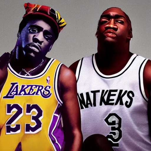 Prompt: tupac shakur in lakers jersey, biggie smalls in a nets jersey, 9 0's magazine cover, digital art, octane render
