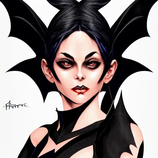 Image similar to 3 / 4 view of a portrait of bat woman with bat wings, confident pose, pixie, genshin impact,, intricate, elegant, sharp focus, illustration, highly detailed, concept art, matte, trending on artstation, marvel comics h 6 4 0