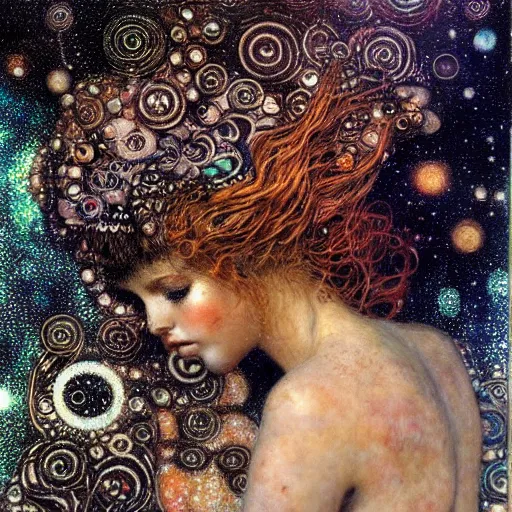 Image similar to dreamy angels cybernetic, in the cosmos, intricate detail, klimt, royo,