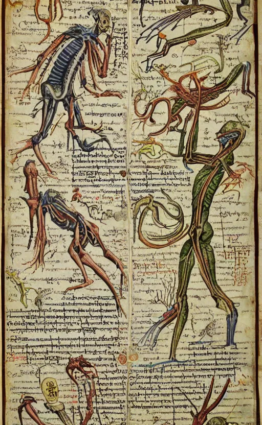 Image similar to educational wall scroll of alien anatomy, medieval scripture