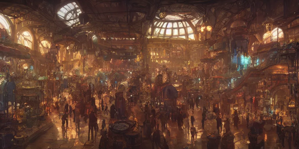 Image similar to steampunk market interior, colorful, character sheet, greg rutkowski, zabrocki, karlkka, jayison devadas, trending on artstation, 8 k, ultra wide angle, zenith view, pincushion lens effect