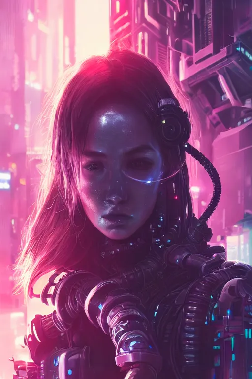 Prompt: beautiful close - up portrait of a cyborg mercenary girl, art by wlop and liam wong, cyberpunk, neon, combat armor, head and shoulders, long hair, detailed eyes, intricate details, trending on artstation, sharp focus, caustics, octane render, radiant light, 4 k