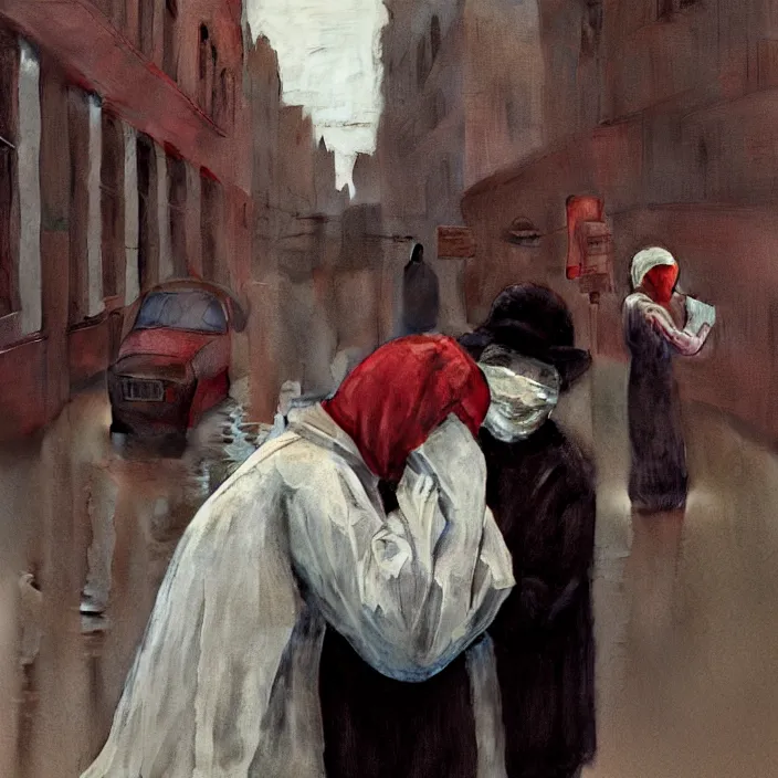 Image similar to two women hugging with a paper bag over the head dressed in plastic bags on flooded streets, highly detailed, artstation, art by, , edward hopper, Zdzislaw Beksinski, highly detailed