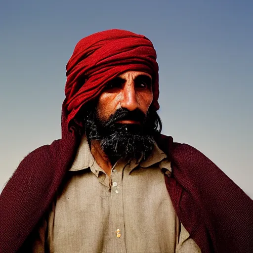 Image similar to portrait of stavros halkias as afghan man, green eyes and red scarf looking intently, photograph by steve mccurry