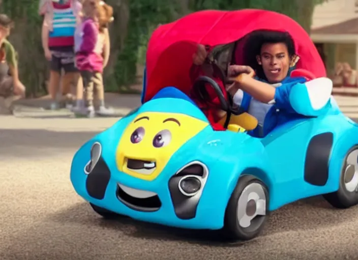 Image similar to michael jackson driving a little tikes cozy coupe, movie still, from the new jumanji movie, 8 k, realistic