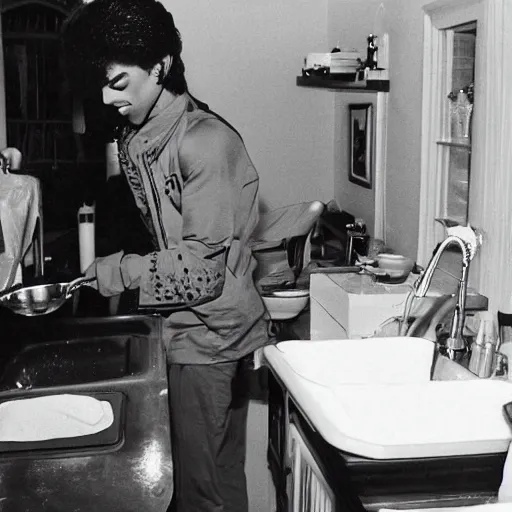 Prompt: photo of prince doing the dishes, very detailed