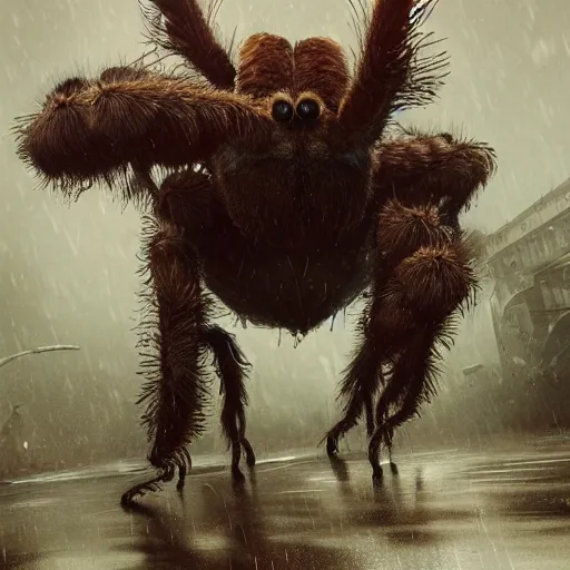 Image similar to A colossal tarantula walking in the rain, cinematic lighting, dramatic atmosphere, by Dustin Nguyen, Akihiko Yoshida, Greg Tocchini, Greg Rutkowski, Cliff Chiang, 4k resolution, trending on artstation,1900s