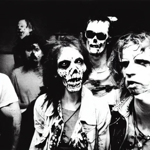 Prompt: zombies at a punk rock concert, grainy vintage photo from 1985, black and white