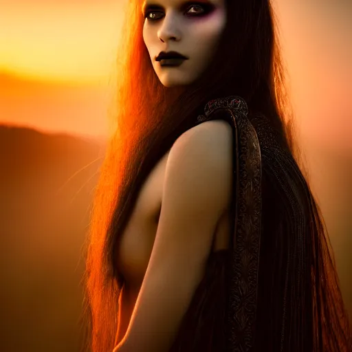 Image similar to photographic portrait of a stunningly beautiful gothic mayan female in soft dreamy light at sunset, contemporary fashion shoot, by edward robert hughes, annie leibovitz and steve mccurry, david lazar, jimmy nelsson, breathtaking, 8 k resolution, extremely detailed, beautiful, establishing shot, artistic, hyperrealistic, beautiful face, octane render