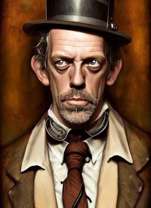 Image similar to steampunk portrait of hugh laurie, au naturel, hyper detailed, digital art, trending in artstation, cinematic lighting, studio quality, smooth render, unreal engine 5 rendered, octane rendered, art style by klimt and nixeu and ian sprigger and wlop and krenz cushart.