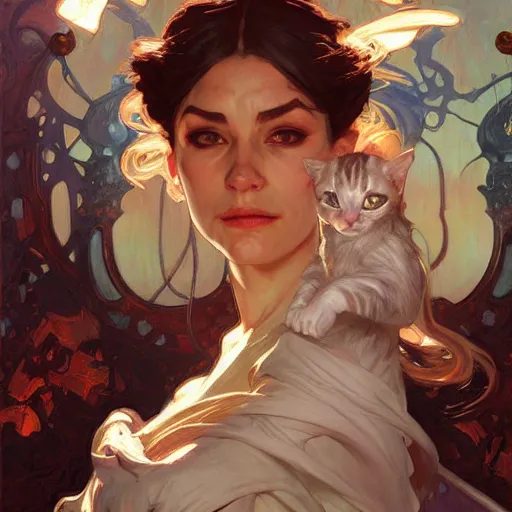 Image similar to Master of Ruin, world boss kitten, intricate, elegant, highly detailed, digital painting, artstation, concept art, smooth, sharp focus, illustration, art by Gregory Manchess and Fernanda Suarez and Artem Demura and alphonse mucha