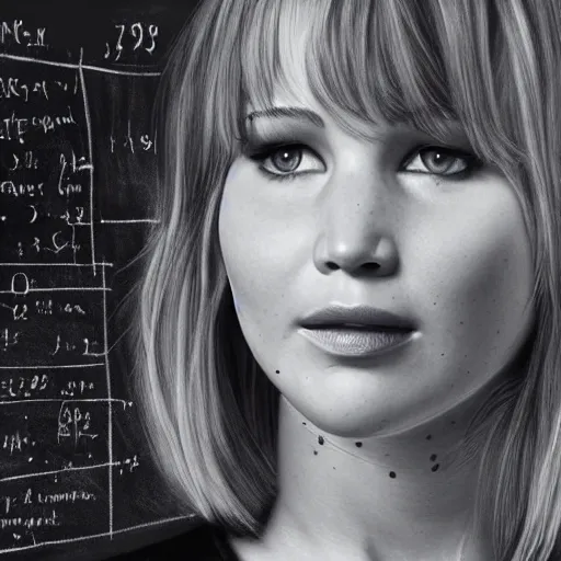 Image similar to 3 5 mm beautiful b & w front shot of jennifer lawrence, behind her on a chalkboard detailed drawings of data etl strategy, highly detailed, trending on artstation, 1 9 2 0 x 1 0 8 0