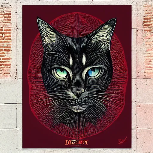 Prompt: dimitri the black cat in kremlin red square “ aaron horkey ” silkscreen poster