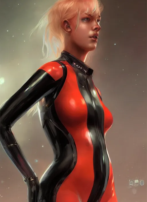 Image similar to Portrait of a female mech pilot in a black latex bodysuit, by Charlie Bowater, Ross Tran, WLOP, highly detailed, monotone, red highlights