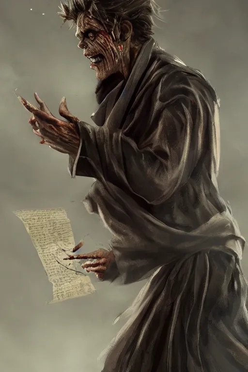 Image similar to A deranged tiny filthy man looking like Willem Dafoe wearing long dark damaged ripped robes showing a magic paper scroll, camera looking down upon, long fingernails, unclipped fingernails, sharp fingernails, focus on face, sharp focus, digital painting, trending on artstation, concept art, fantasy, medieval