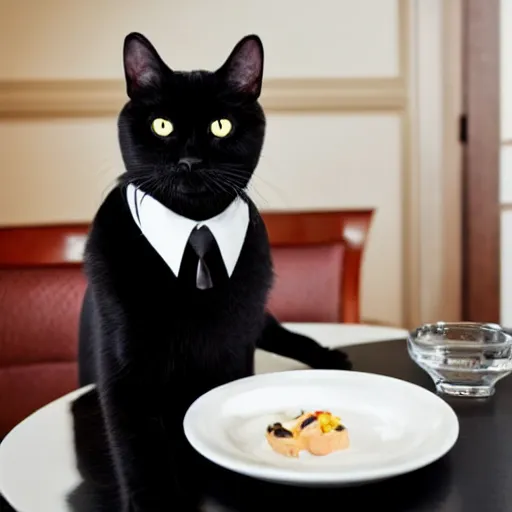 Prompt: a black cat wearing a suit sitting at a table in front of a white cat wearing a suit, in a fancy luxurious restaurant