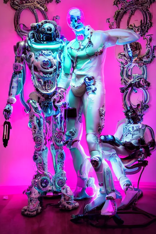 Image similar to full-body rococo and cyberpunk style neon statue of a muscular attractive Nick Jonas macho dotado e rico android sim roupa reclining con las piernas abertas e la piroca dura, glowing white laser eyes, prince crown of pink gears, diamonds, swirling silver-colored silk fabric. futuristic elements. full-length view. space robots. human skulls. intricate artwork by caravaggio. Trending on artstation, octane render, cinematic lighting from the right, hyper realism, octane render, 8k, depth of field, 3D