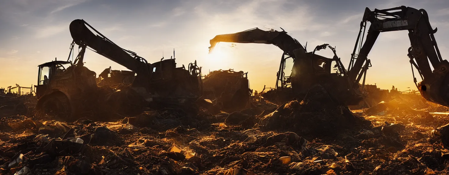 Image similar to Silhouette of single bulldozer working on junkyard heap, photorealistic image, golden hour, low angle shot, very detailed
