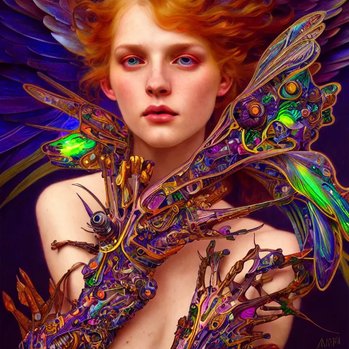 Image similar to bright psychedelic portrait of organic cyborg wings, diffuse lighting, fantasy, intricate, elegant, highly detailed, lifelike, photorealistic, digital painting, artstation, illustration, concept art, smooth, sharp focus, art by John Collier and Albert Aublet and Krenz Cushart and Artem Demura and Alphonse Mucha