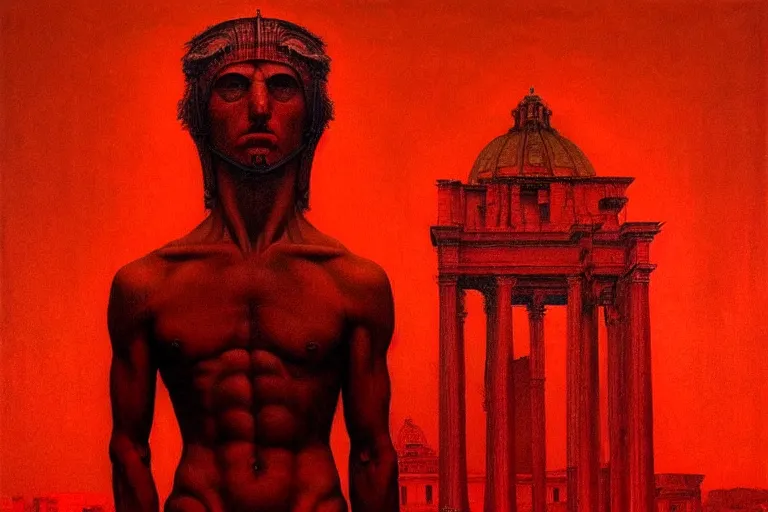 Image similar to only with red, caesar after war, a red tiger, in hoc signo vinces, rome in background, an ancient path, in the style of beksinski, part by hopper, part by rodcenko, part by hofbauer, intricate composition, red by caravaggio, insanely quality, highly detailed, masterpiece, red light, artstation