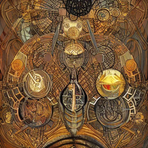 Image similar to amazing maze labyrinth steampunk style by albert gleizes and by hilma klint, hd, artstation, alive colors