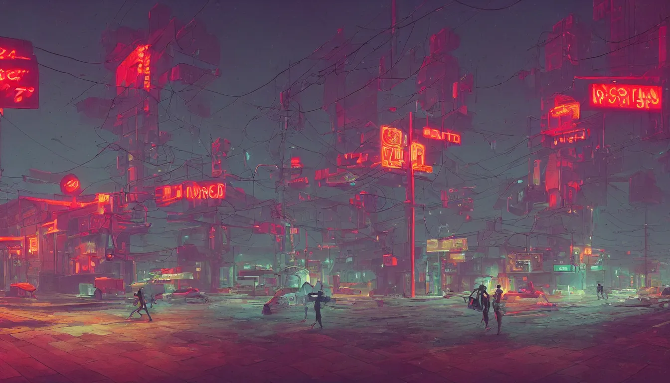 Prompt: robots on the streets, bricked soviet buildings, neon lights, cinematic lights, by simon stalenhag