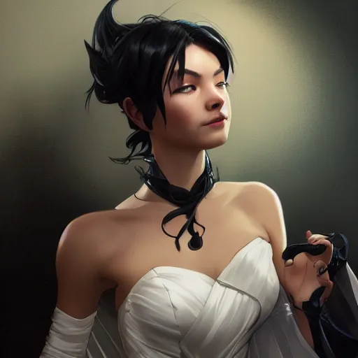 Prompt: cassandra cain in a wedding dress, laying on a bed, hair in a high ponytail, cg animation, riot entertainment, arcane, realistic, character select portrait, by artgerm, greg rutkowski, alphonse mucha, 3 d