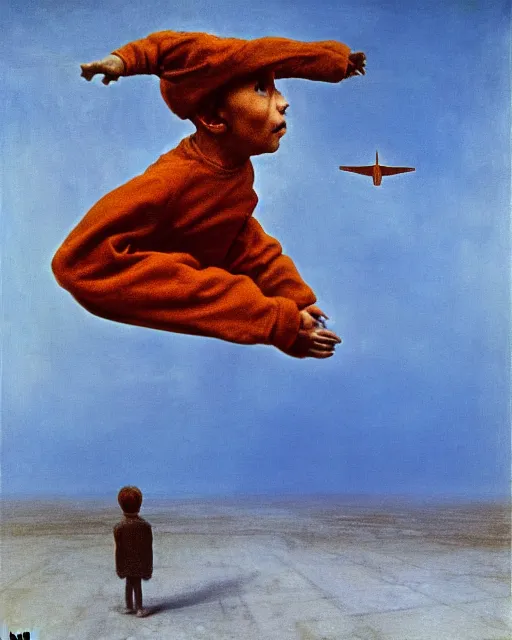 Image similar to early color photo of a scared boy flying in sky, Beksinski painting, part by Adrian Ghenie and Gerhard Richter