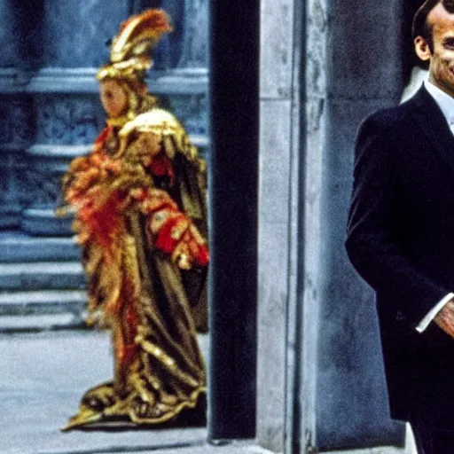 Image similar to Emmanuel Macron wearing a venitian mask, in Eyes Wide Shut (1999)