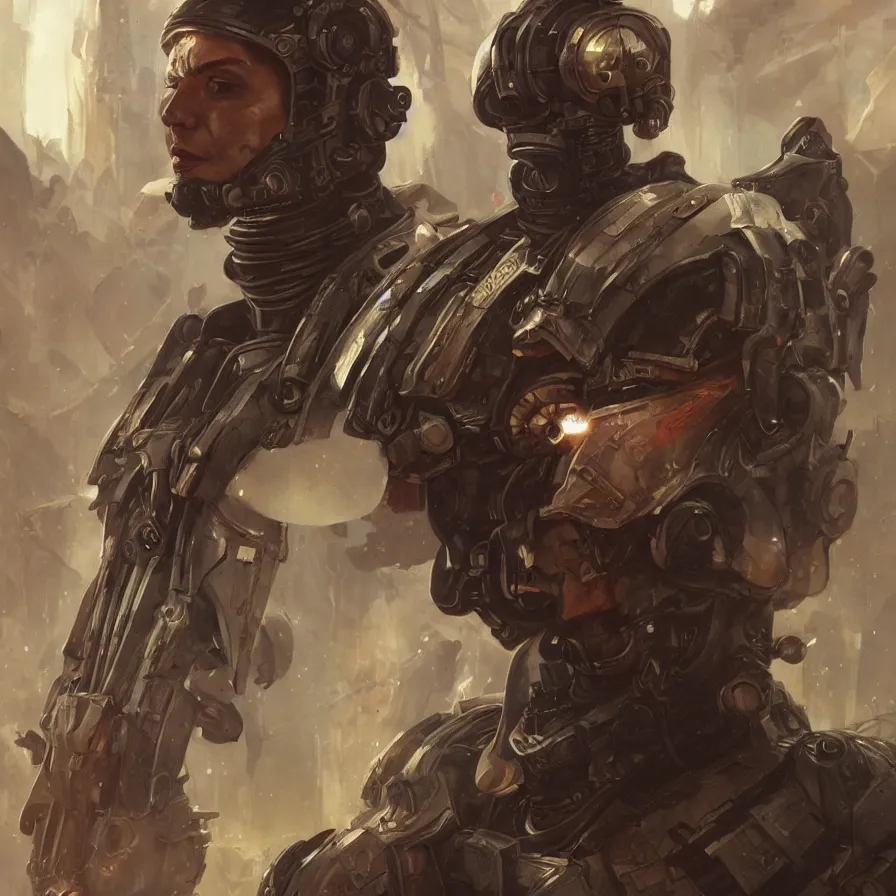 Image similar to scifi character portrait Painting of a futuristic captain, warhammer40k, dystopian mood, intricate, wild, highly detailed, digital painting, artstation, concept art, smooth, sharp focus, illustration, art by artgerm and greg rutkowski and alphonse mucha