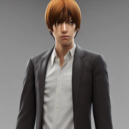 Image similar to a photorealistic 3 d render of light yagami, portrait!!, trending on artstation, 4 k quality, 4 k 3 d render