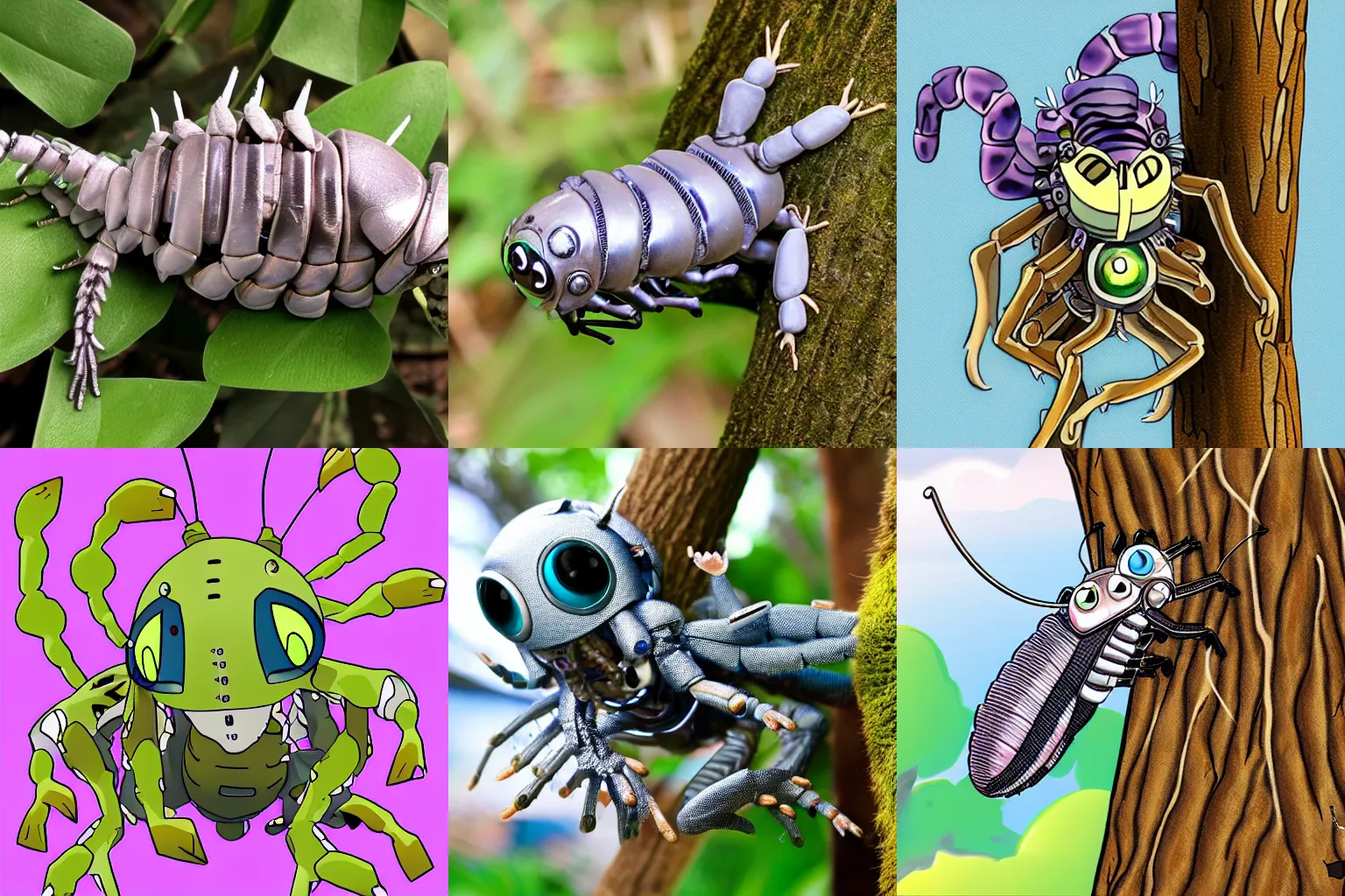 Prompt: an isopod with fur and very long legs climbing trees, in the style of digimon