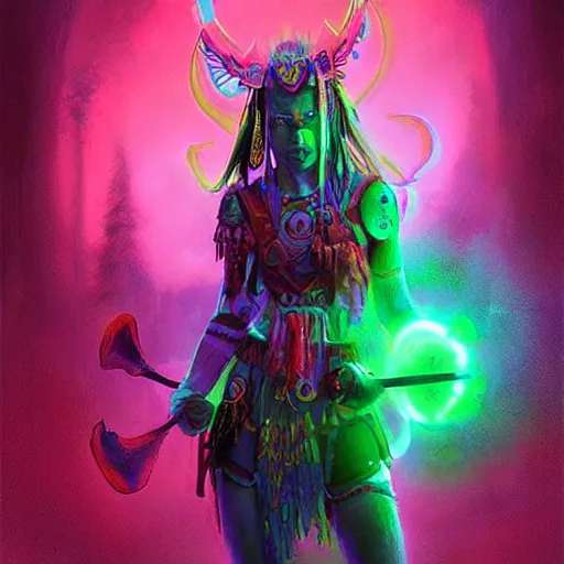 Prompt: neon shaman warrior, technology, digital art, visionary art, by mandy jurgens