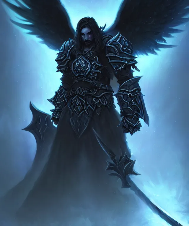 Image similar to dark world of warcraft blizzard art, portrait of fallen man angel kneeling with a sword and wings, bokeh. dark art masterpiece artstation. 8k, sharp high quality illustration in style of Jose Daniel Cabrera Pena and Leonid Kozienko, concept art by Tooth Wu