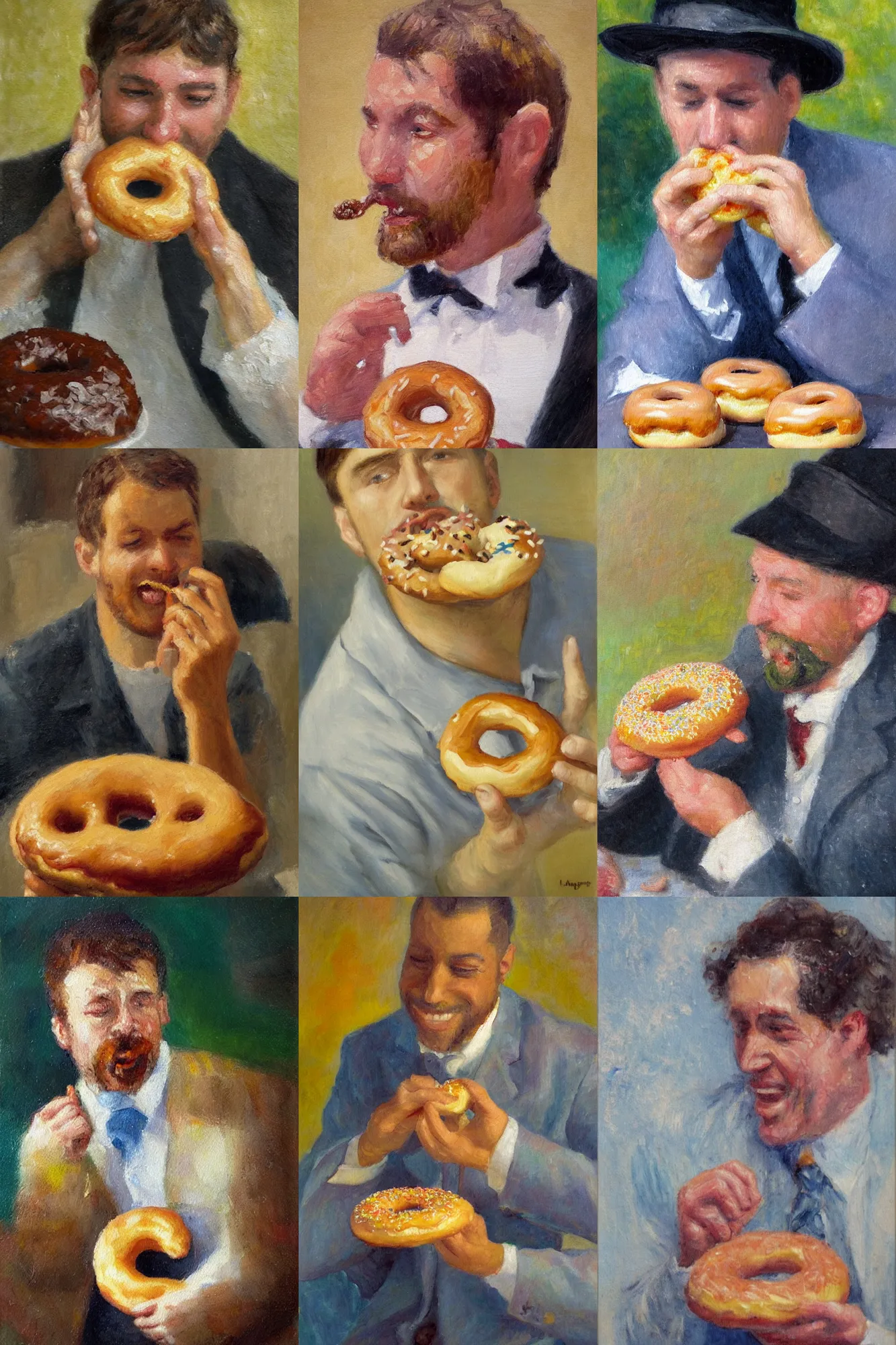 Prompt: An impressionist oil painting of a man eating a doughnut
