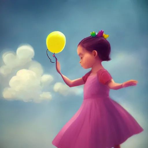 Image similar to a little girl child holding balloons and flying in the sky , dream ,magical, concept art trending on artstation,