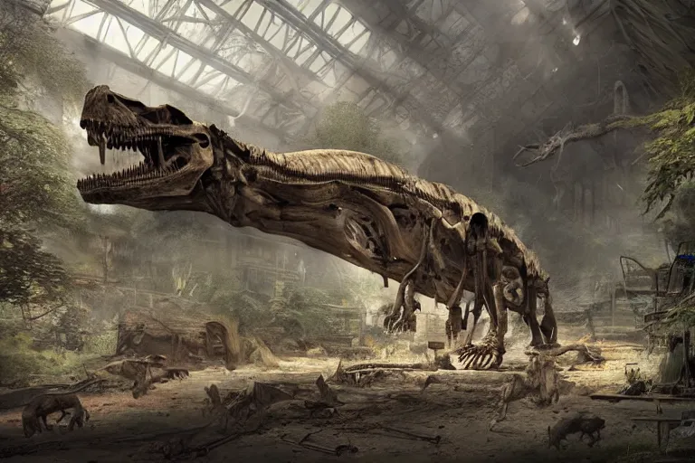 Image similar to abandoned dinosaur museum, gigantic dinosaur skeletons, cinematic, craig mullins, 8 k