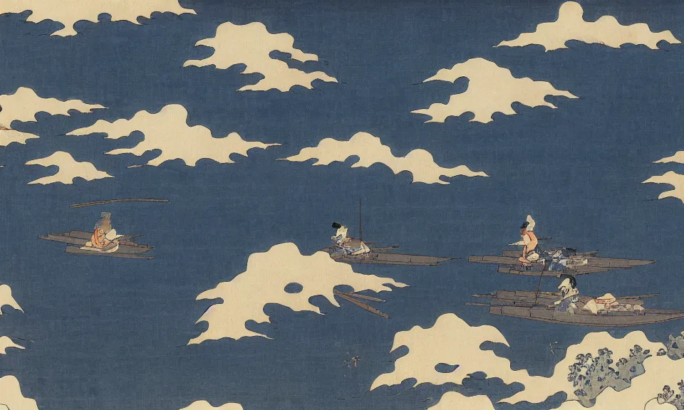 Image similar to happiness and friendship, floating high in the clouds, wide shot by hokusai, 4 k