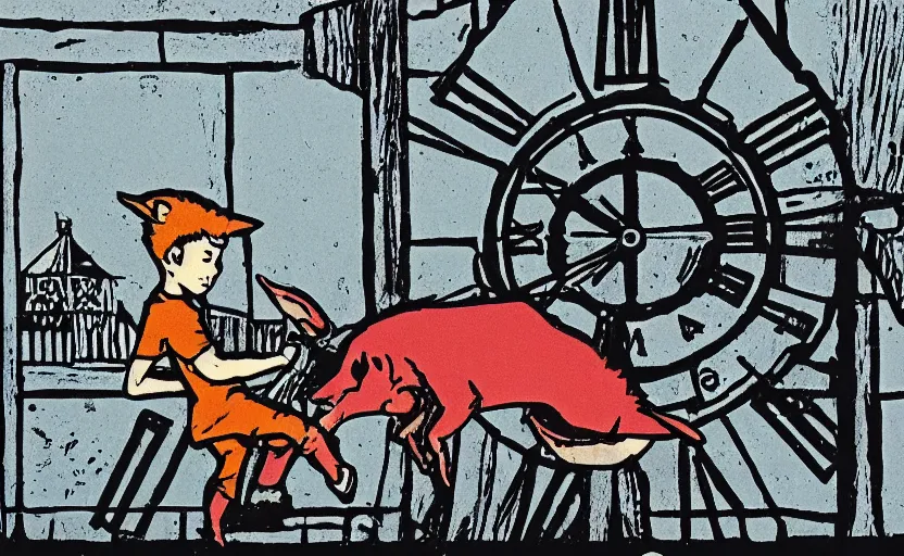 Image similar to a boy fighting a wolf on the edge of a clocktower, screen print