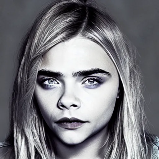 Image similar to Chloë Grace Moretz face with Cara Delevingne's eyebrows, film photography,