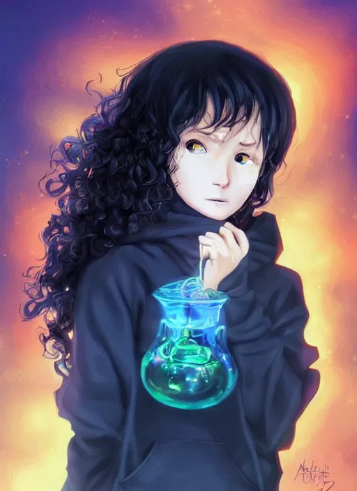 Image similar to medium shot A twelve years old girl with orange eyes, dark blue!! short curly dark blue dyed!! hair i a black hoodie with white!! eyes!! ornament!! and grunge jeans, with the black cauldron, making a potion, blue shiny lighting, beautiful fantasy art by By Artgerm and Hayao Miyazaki, trending on artstation