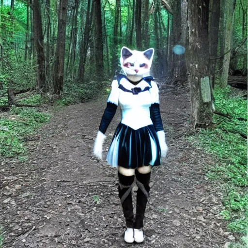 Prompt: cosplay catgirl caught on midnight trail cam