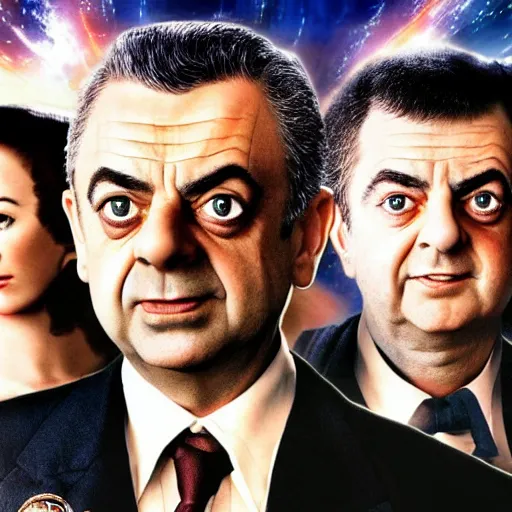 Image similar to armageddon movie poster with all characters faces swapped with rowan atkinson, high detail, realistic, 4 k