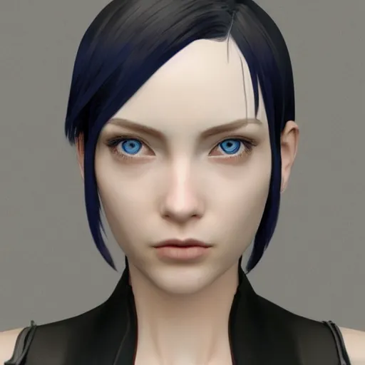 Image similar to « portrait, attractive, blue eyes, black hair, middle length hair, ghost in the shell, front view, unreal engine 5 »