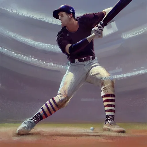 Image similar to baseball player hitting the ball with the baseball bat in the middle of the game and in front of everyone in the stadium, james gurney painting style, greg rutkowski, artstation