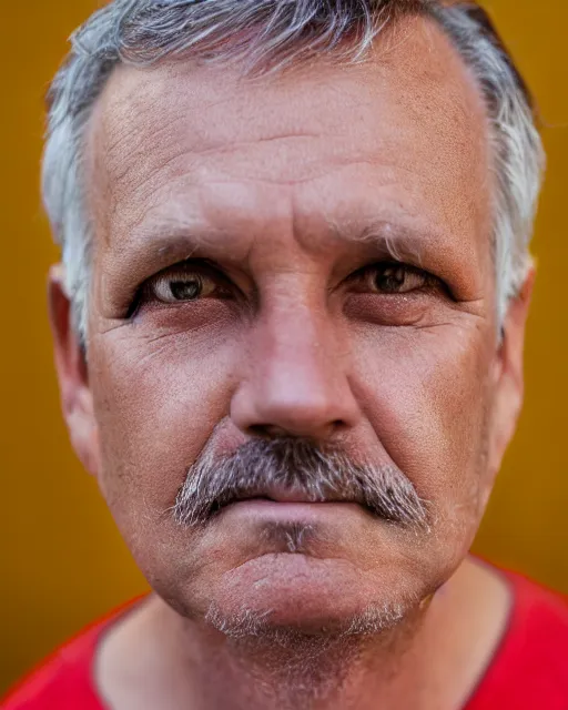 Prompt: A high-quality studio portrait of a middle-aged man with piercing eyes, bokeh, 90mm, f/1.4